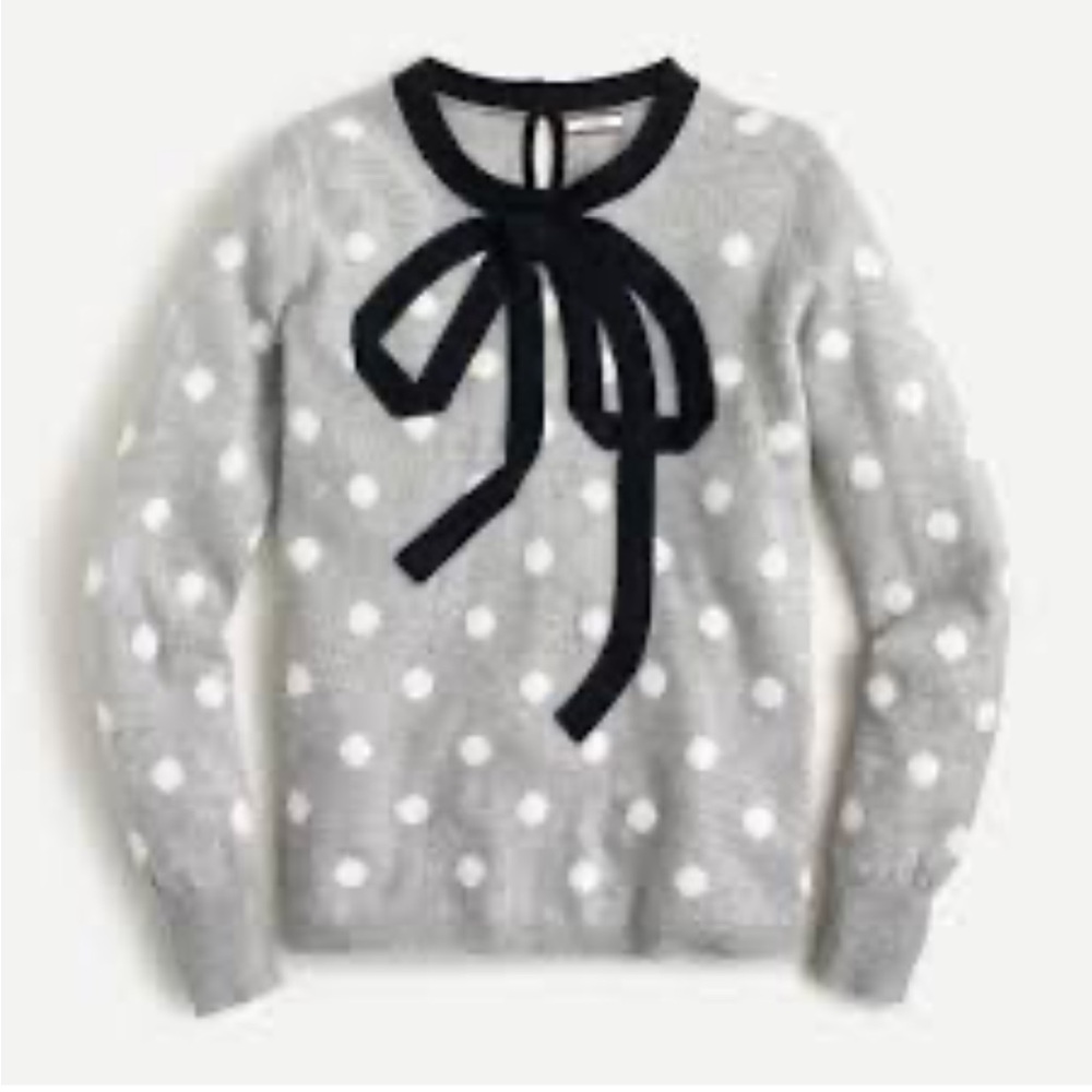 J Crew Women’s Gray Polka Dot 100% Cashmere Crewneck Sweater With Bow Small S - Picture 3 of 11